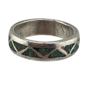 Vintage Southwestern Sterling Silver Geometric Chip Inlay Wedding Band 8.5